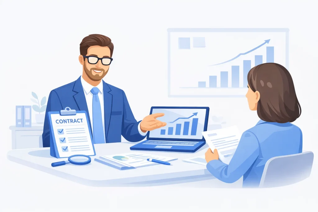 Consultant meeting a client with laptop charts and contract documents representing business advice and consulting decision making.