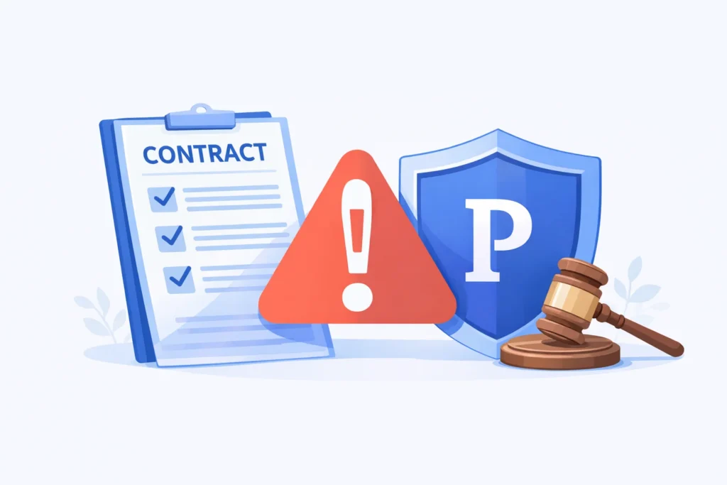 Illustration showing consulting dispute with contract document warning symbol shield protection and legal gavel representing E&O insurance claims against consultants.