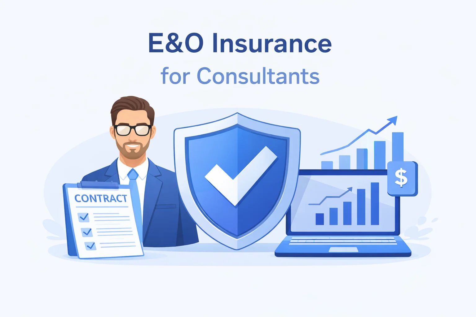 E&O insurance for consultants illustration showing professional liability protection with shield, consultant icon, contract document and business growth chart.