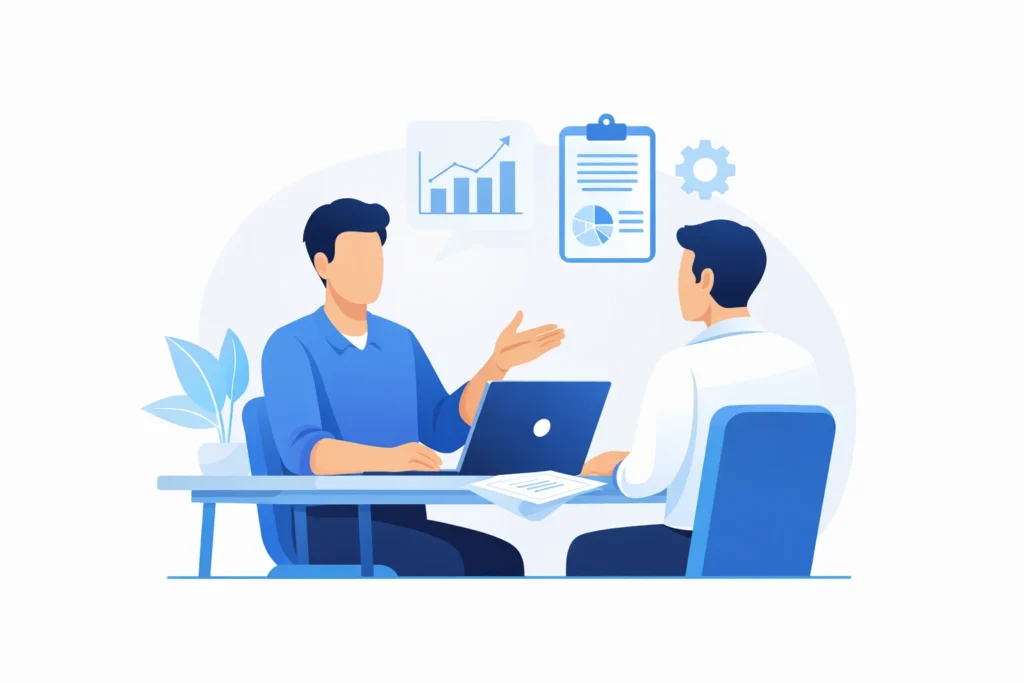 Freelancer advising a client at desk with laptop charts and documents representing when freelancers need professional liability insurance in real work scenarios.