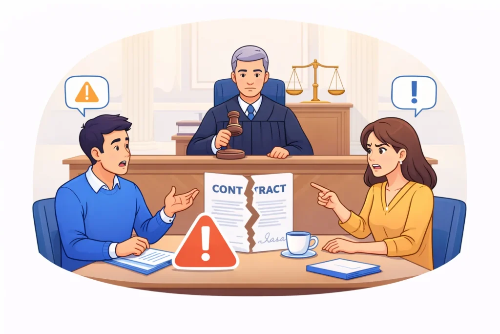 Illustration showing a legal dispute between a freelancer and a client over a contract disagreement.