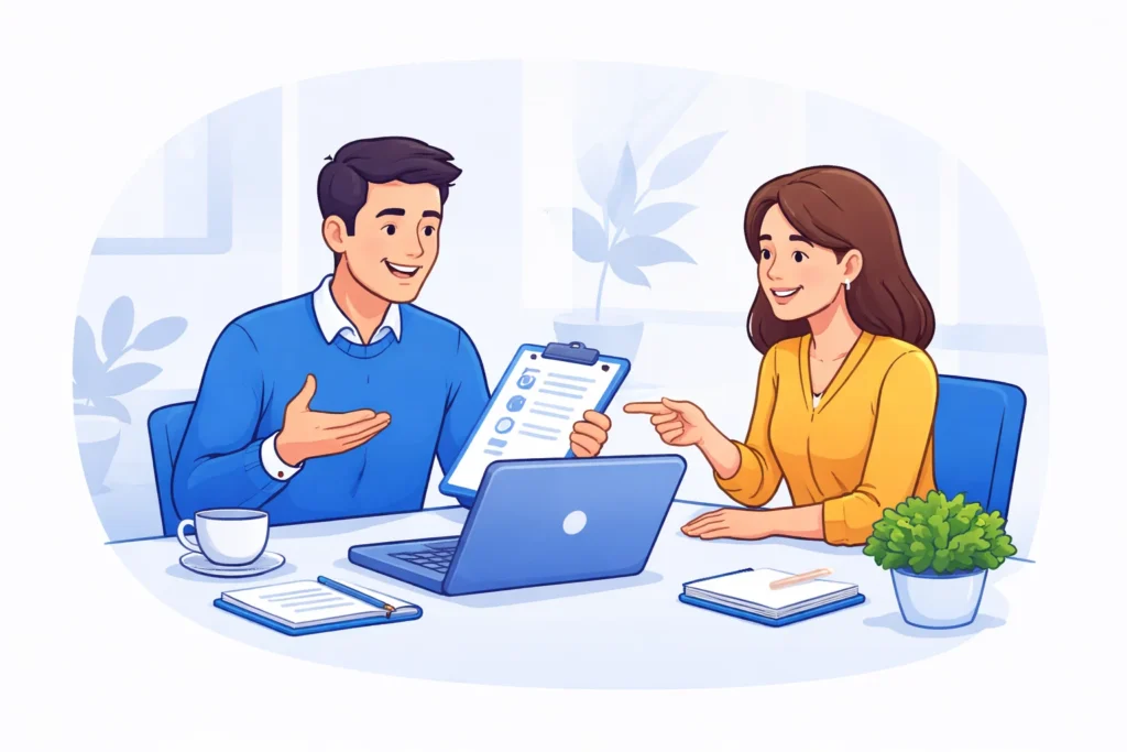 Freelancer consulting with a client about a project using a laptop and documents during a professional meeting.