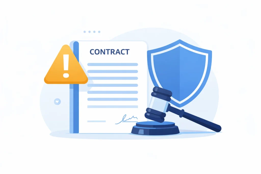 Freelancer contract dispute illustration with contract document warning symbol legal gavel and shield representing when freelancers need professional liability insurance in real work scenarios.