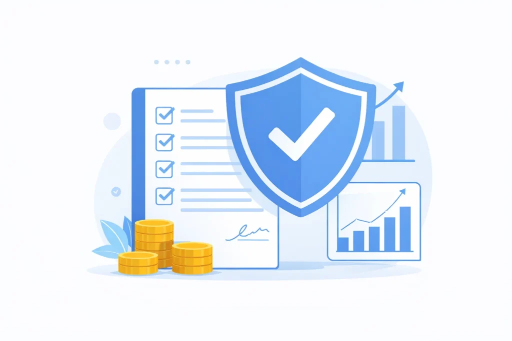 Professional liability insurance protection illustration with shield checklist document coins and business chart showing when freelancers need professional liability insurance in real work scenarios.