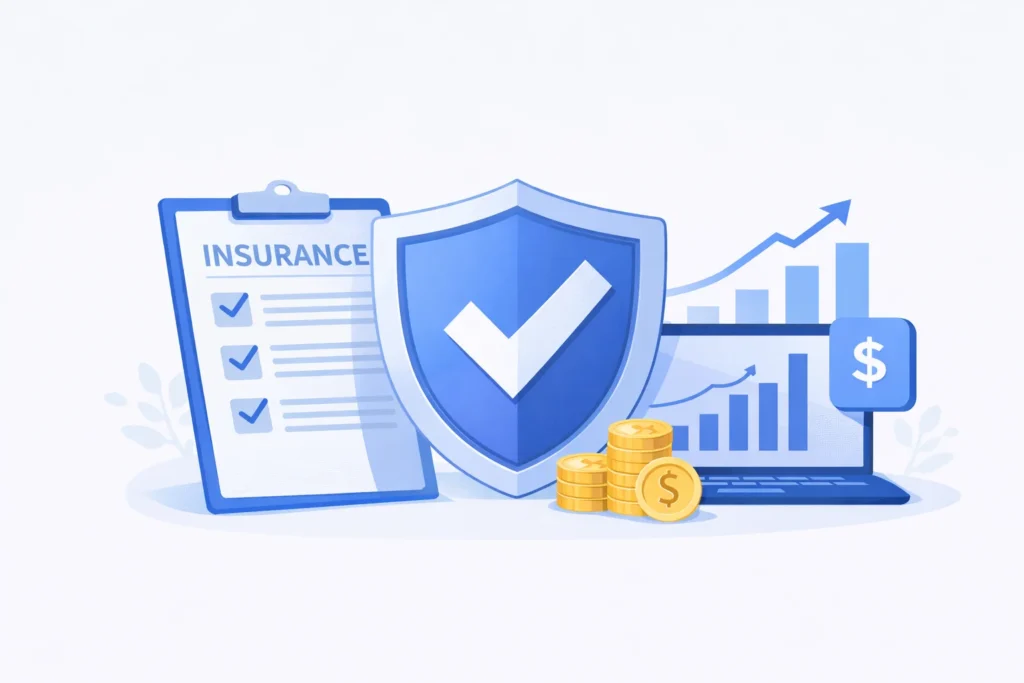 Illustration showing professional liability insurance protection with shield checklist document coins and business chart representing coverage and financial protection for freelancers and consultants.