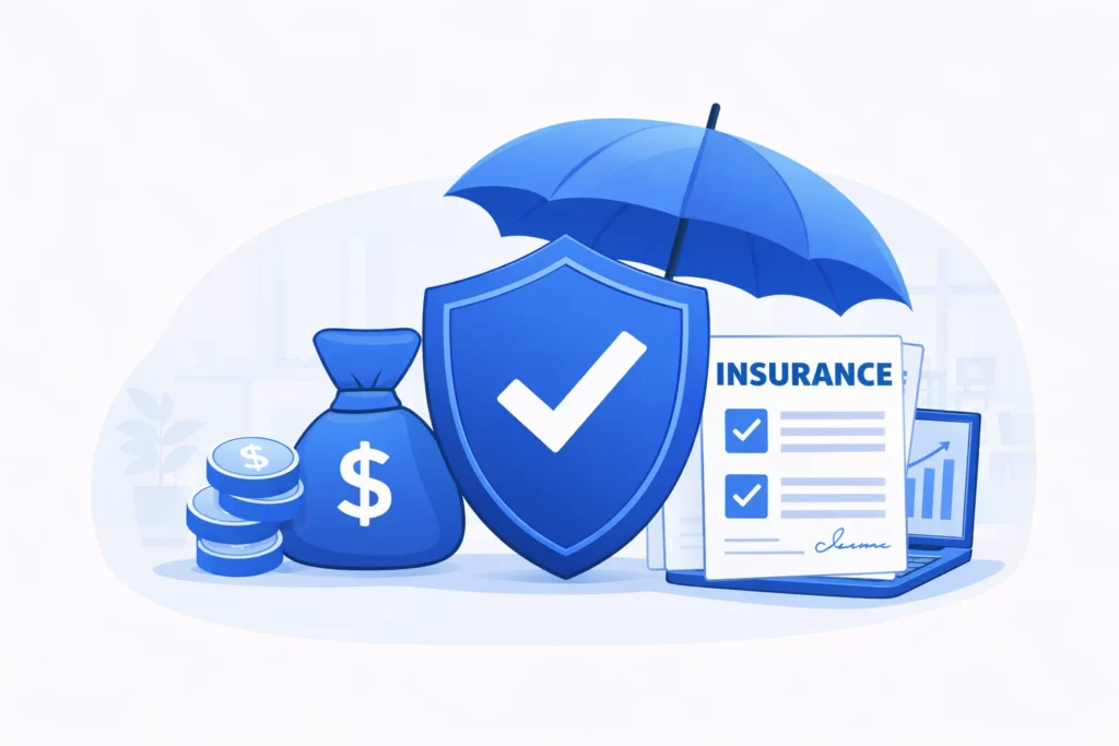 Illustration showing insurance protection with shield, umbrella, and policy documents representing professional liability coverage.
