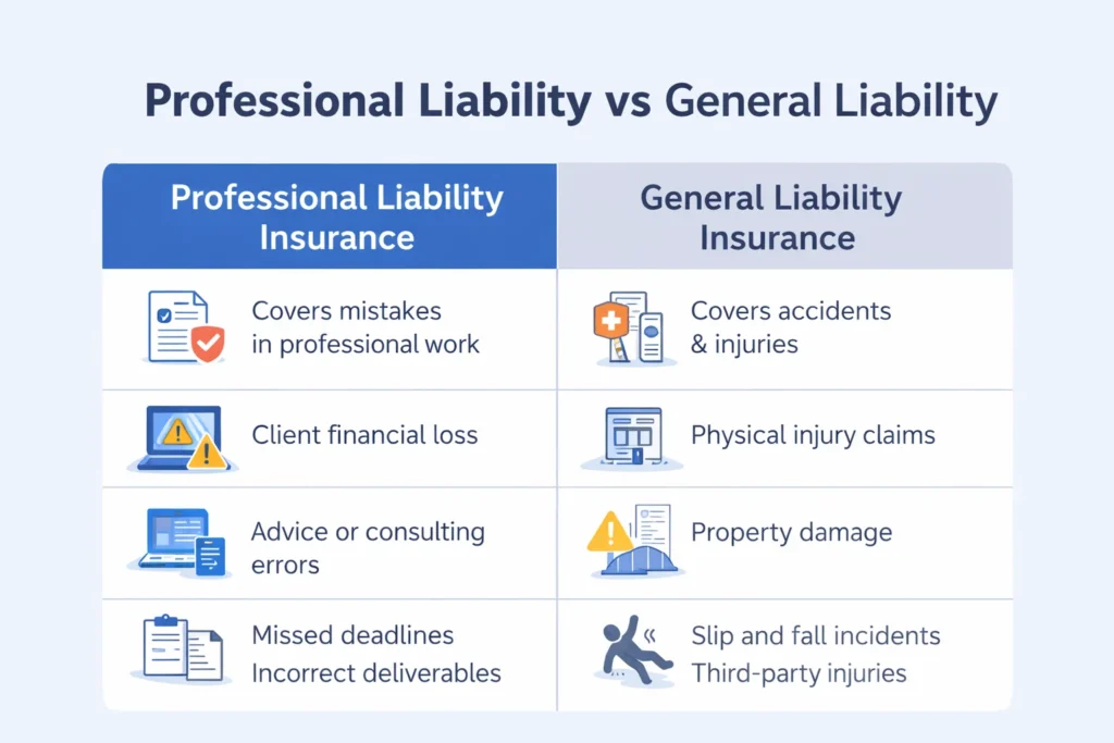 Comparison chart showing differences between professional liability insurance and general liability insurance for freelancers.