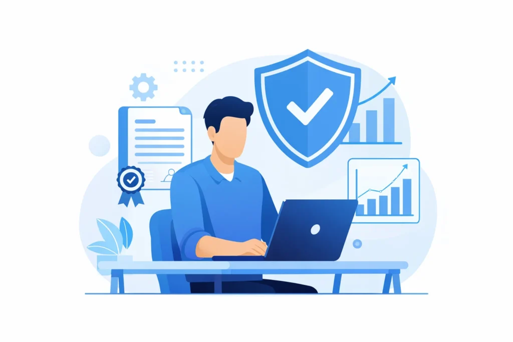When freelancers need professional liability insurance illustration showing freelancer with laptop, shield protection, contract document and business chart representing freelance liability risk scenarios.
