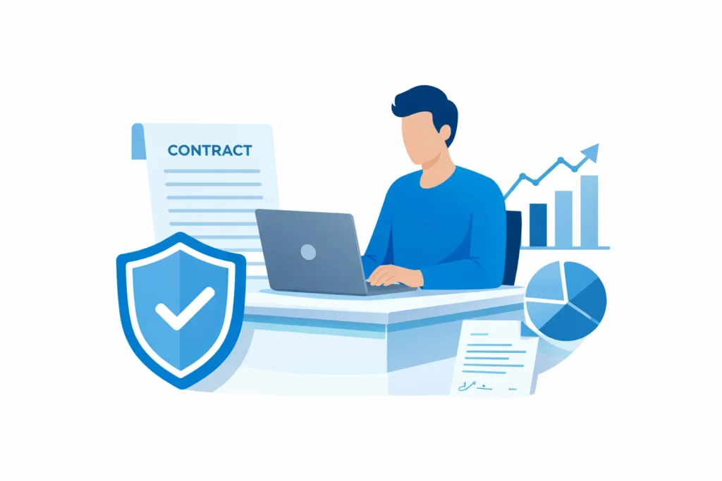 Do freelancers need professional liability insurance illustration showing freelancer working on laptop with shield protection contract document and business chart representing freelance liability risks