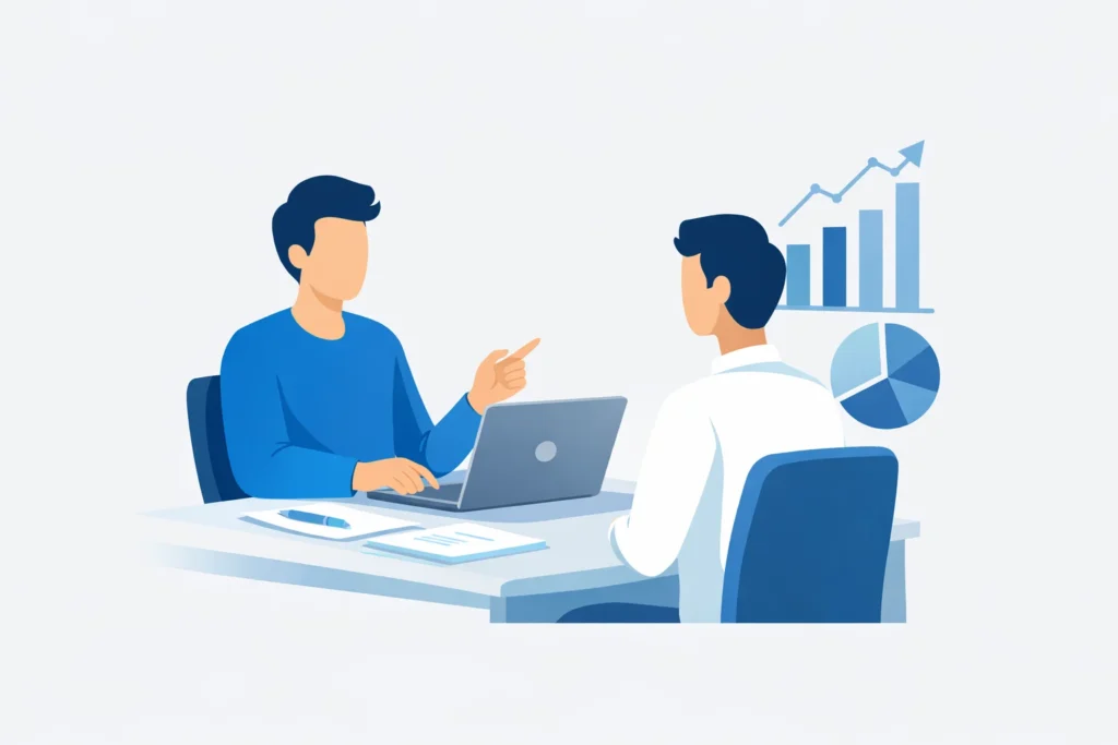 Freelancer advising a client with laptop charts and documents showing when freelancers need professional liability insurance in real work scenarios.