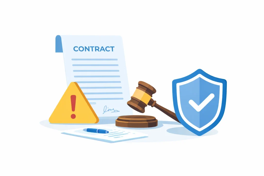 Freelancer contract dispute illustration with contract document warning symbol gavel and shield showing when freelancers need professional liability insurance for client claims.