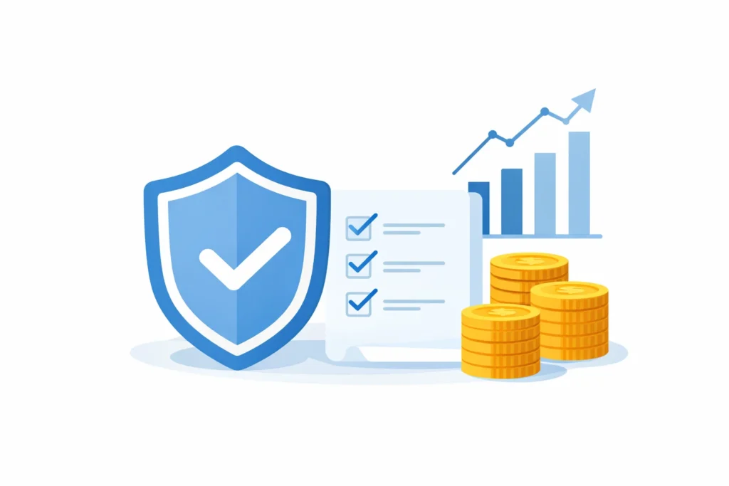 Professional liability insurance protection illustration with shield checklist coins and business chart showing why freelancers need professional liability insurance for financial protection.